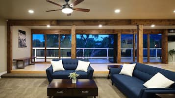 Smart TV, fireplace, video games, DVD player