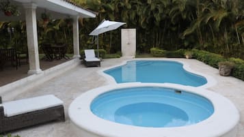 Outdoor pool, pool umbrellas, pool loungers