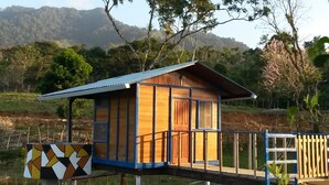 A wooden cabin with a blue roof, situated on stilts over water, surrounded by lush greenery and hills. - Lake View Cabin and Hot Springs (Arizona)