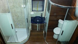 A bathroom with a glass-enclosed shower, a sink with a blue basin, and a toilet. - Lake View Cabin and Hot Springs (Arizona)