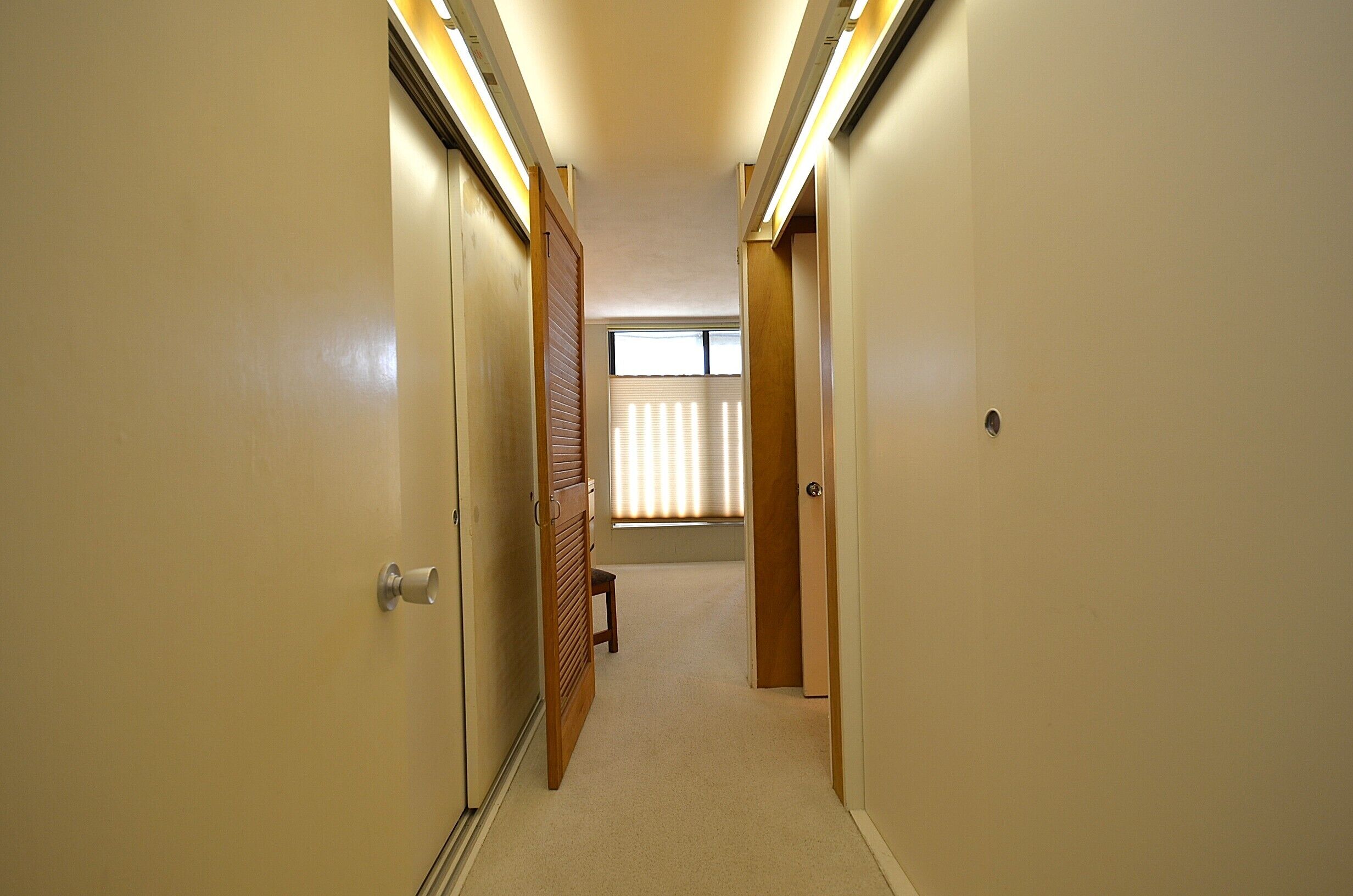A narrow hallway with carpeted floors, wooden doors, and a window with blinds.