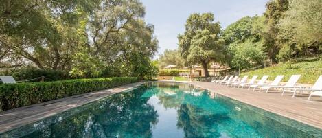 A clear swimming pool with a wooden deck, surrounded by lush greenery and trees.