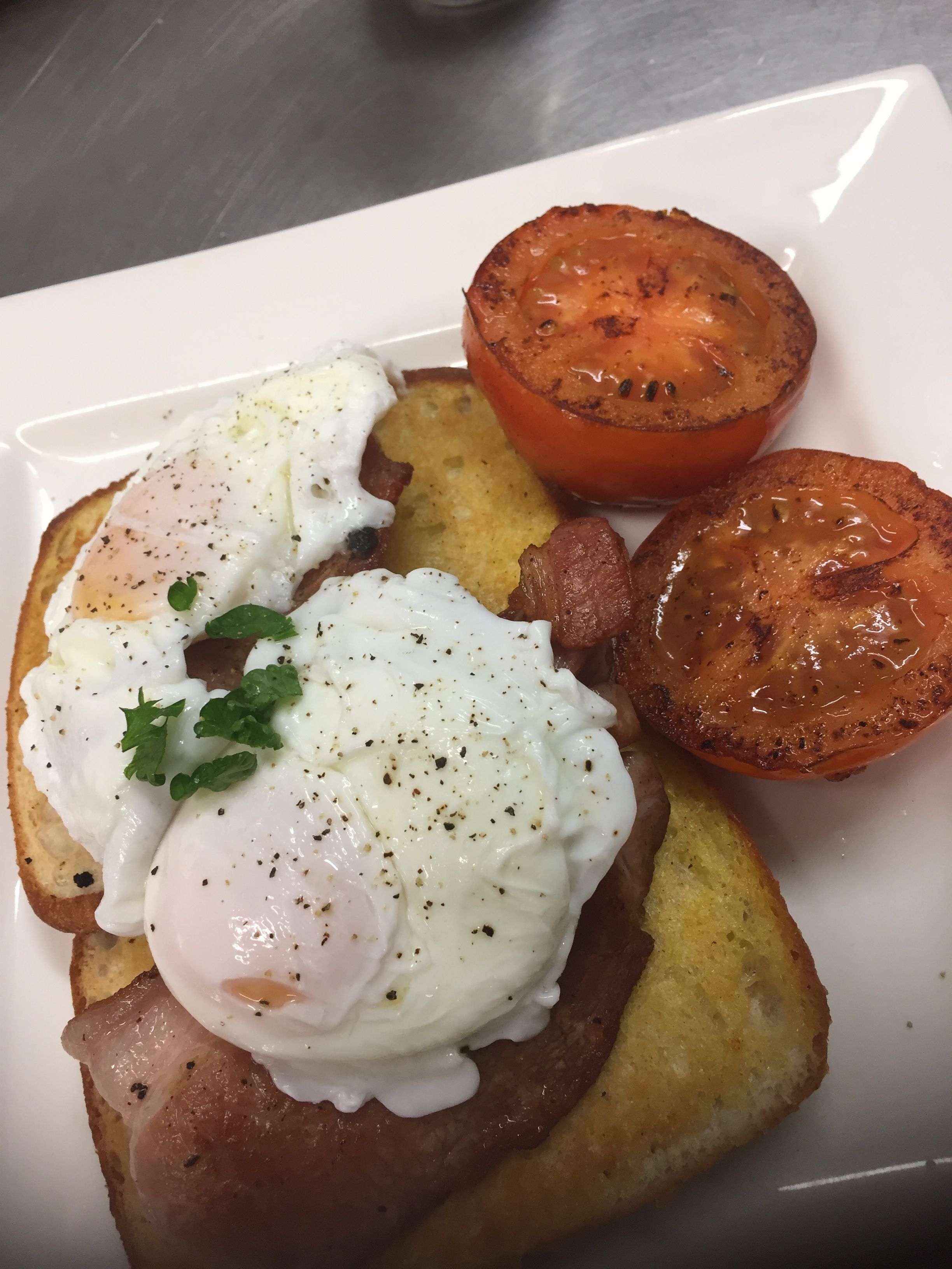 A plate with a poached egg, toast, and roasted tomato.