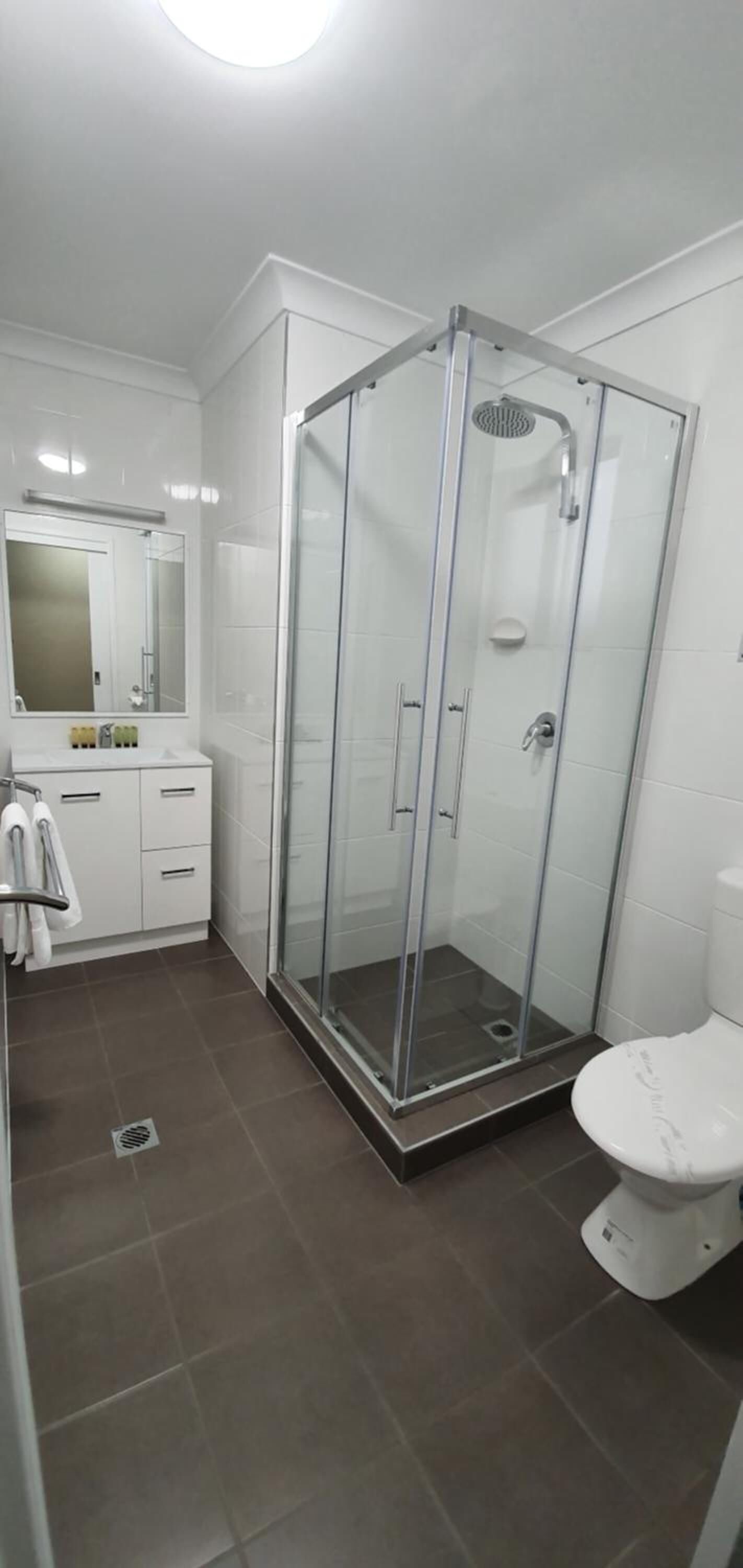 A modern bathroom with a glass-enclosed shower, a white toilet, and a vanity with a mirror and sink.