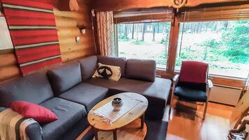 Hyggelig indretning med sofa, lille bord og stol.