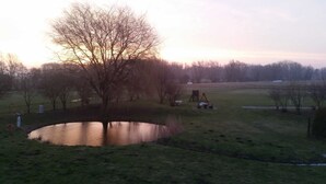 Uno stagno circondato da erba e alberi, con un'area giochi sullo sfondo.