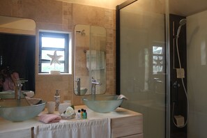 Hair dryer, towels, soap, shampoo