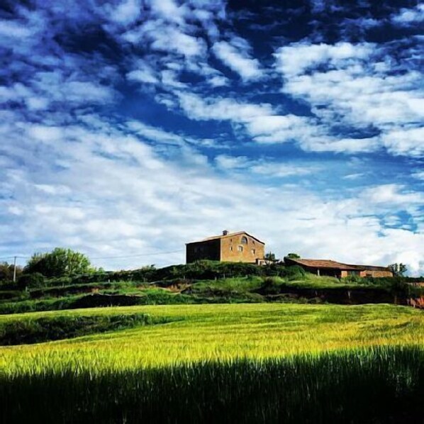 A rural landscape with a house on a hill, surrounded by green fields and a partly cloudy sky.