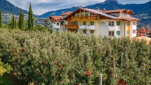 Un hotel de estilo arquitectónico alpino tradicional, con un balcón y vistas a la montaña.