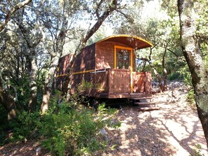 A wooden cabin with a yellow door and windows, surrounded by trees and a forested area. - Camping Ibie (Lagorce)