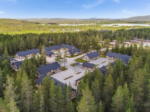 A lodge with multiple cabins surrounded by dense forest, a central parking area, and a view of distant hills.