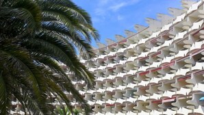 Ein mehrstöckiges Hotel mit einheitlichem Außenbild, das Balkone und einen gepflegten Gartenbereich mit Palmen und Sträuchern bietet.