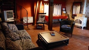 Un salon chaleureux avec un canapé à motifs zébrés, une table basse en bois et un fauteuil à motifs.