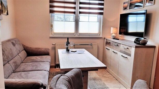 Un espacio habitable compacto con un sofá, una mesa de comedor, un televisor y un mueble.