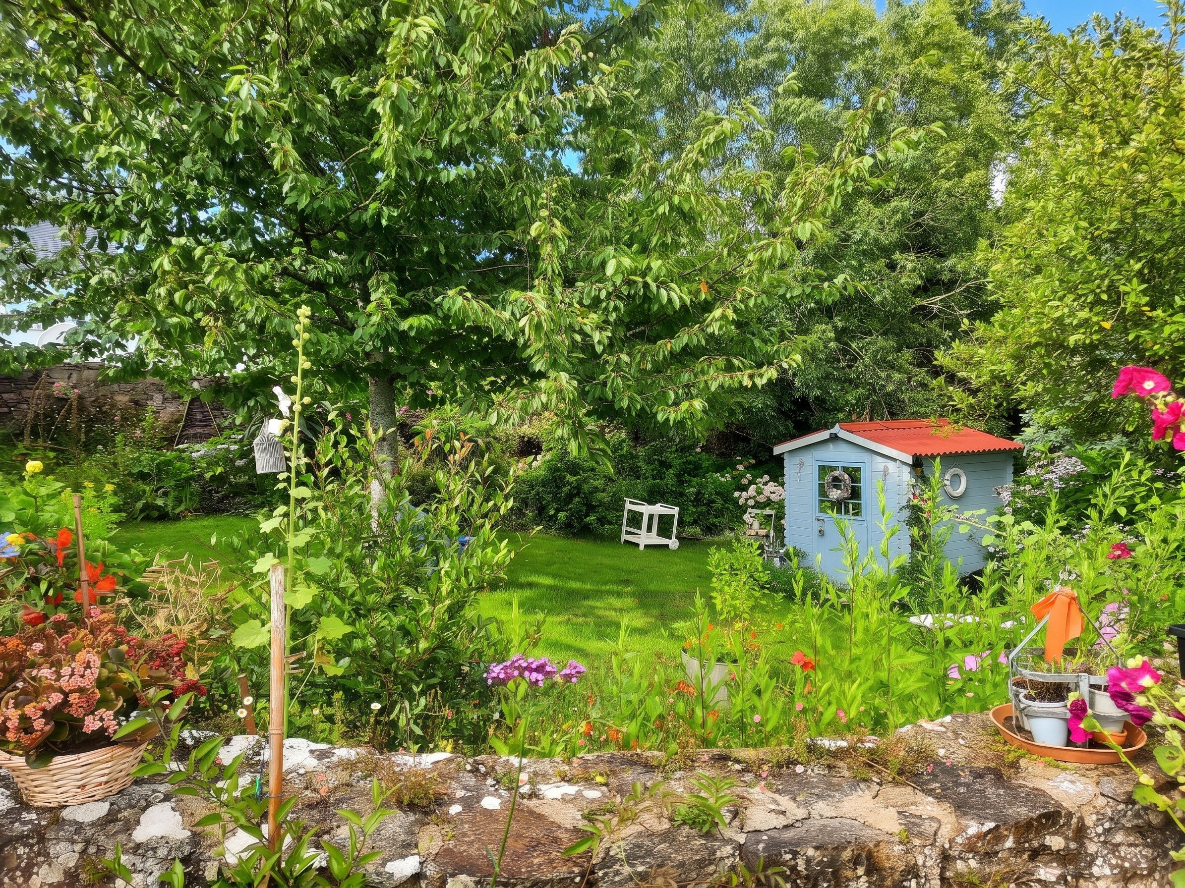 Un jardín con un cobertizo azul pequeño, una mesa blanca y diferentes plantas.