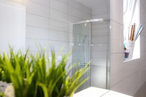 Shower, hair dryer, towels, toilet paper