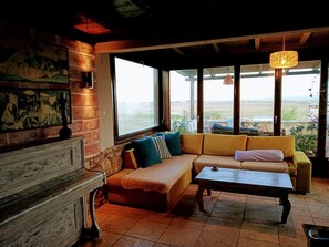 Flat-screen TV, fireplace