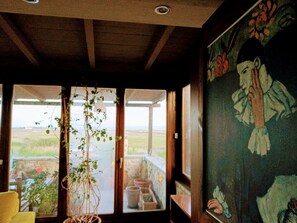 Flat-screen TV, fireplace