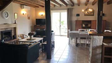 Télévision, cheminée, lecteur de DVD, table de tennis de table