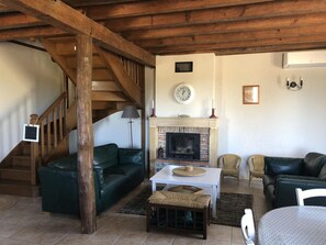 Televisor, llar de foc, reproductor de DVD i taula de tennis de taula 