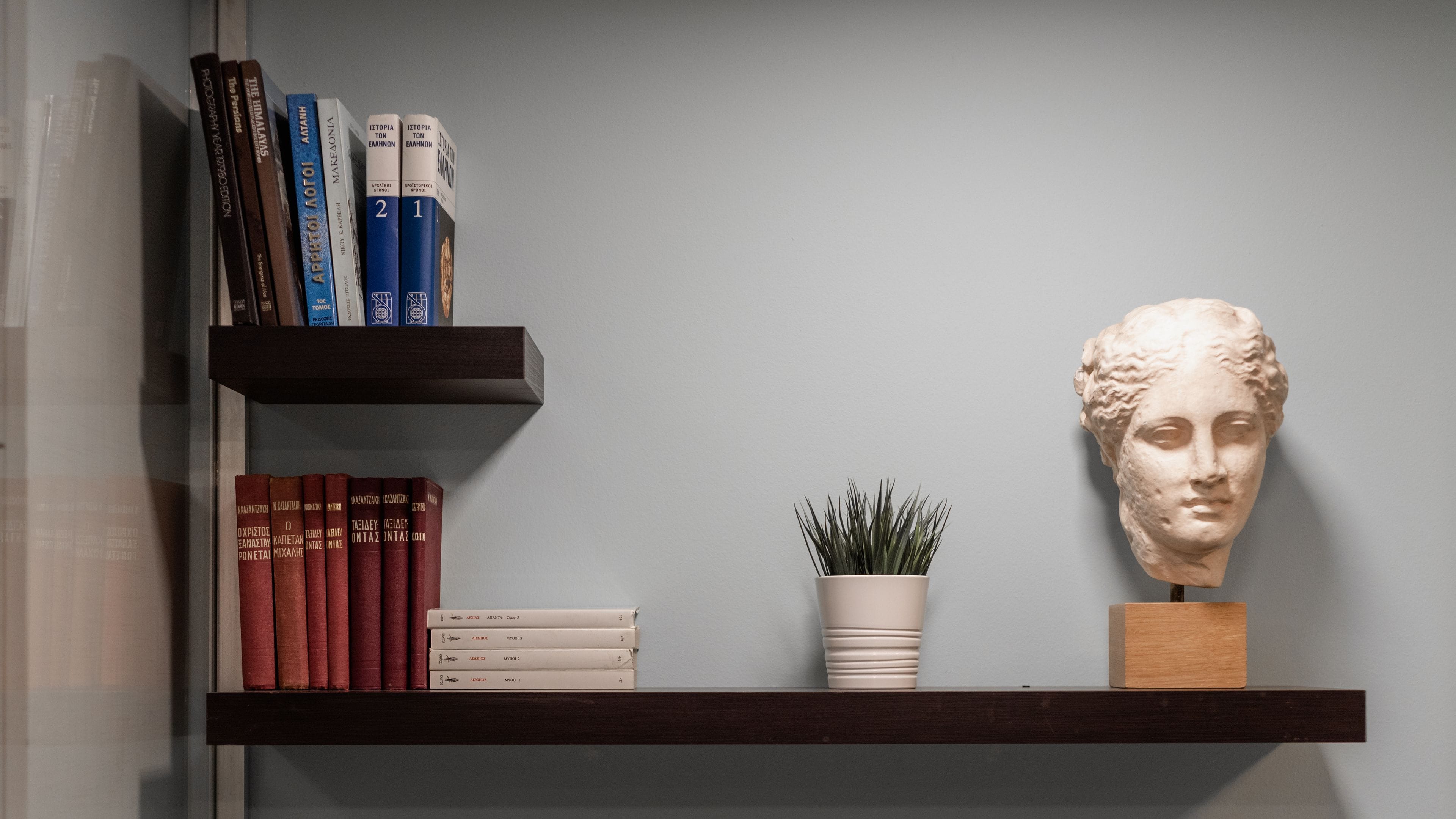 Uma estante com livros e uma escultura de busto.