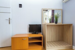A small room with a wooden desk, a television, a mirror, and a potted plant.