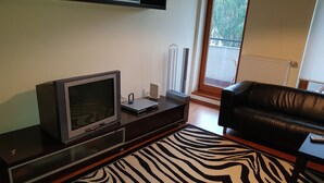 Una sala de estar con una televisión de pantalla plana, una computadora portátil, un tapete estampado con diseño de cebra, un sofá de cuero negro y una ventana con vista a árboles.