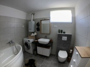 Combined shower/bathtub, hair dryer, towels, toilet paper
