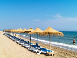 Ein Strand mit blauen Liegestühlen und strohgedeckten Sonnenschirmen.