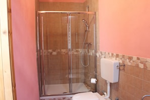 A shower with a glass door, a toilet, and a wall-mounted toilet paper holder. - B&B Polirone (San Benedetto Po)
