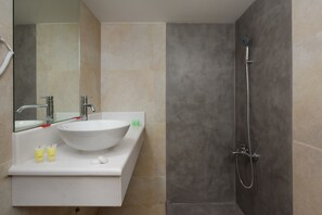 Studio | Bathroom | Shower, designer toiletries, hair dryer, slippers - Angelo Del' Arte Estate (Corfu)