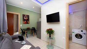 A modern living room with a grey sofa, a laptop, and a book, a small table with a vase of flowers, a flat-screen TV mounted on the wall, and a washing machine in the corner.