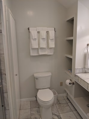 Ducha, secador de pelo, toallas, jabón