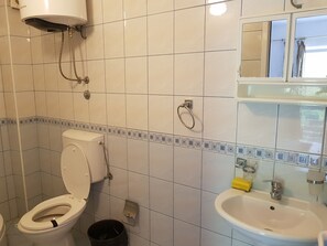 Regadera, toallas, papel de baño 