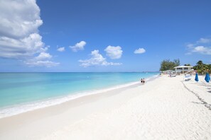 On the beach, sun-loungers, beach towels