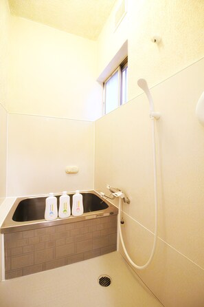 Combined shower/bathtub, hair dryer, towels, shampoo