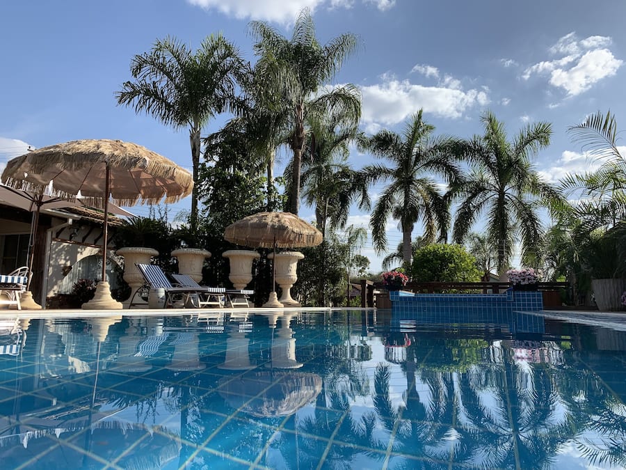 Outdoor pool, pool umbrellas, sun loungers