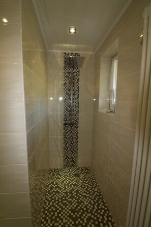 Regadera, secadora de cabello, papel de baño