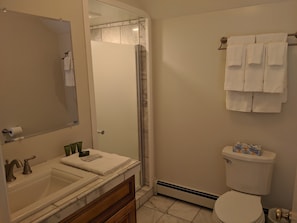 Shower, hair dryer, towels, soap
