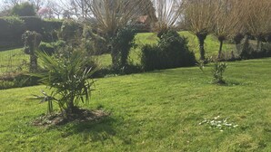 A well-maintained grassy area with various shrubs and small trees, likely part of a garden or park setting. - THE HOUSE OF LAVOIR. (PLOUGUIEL)