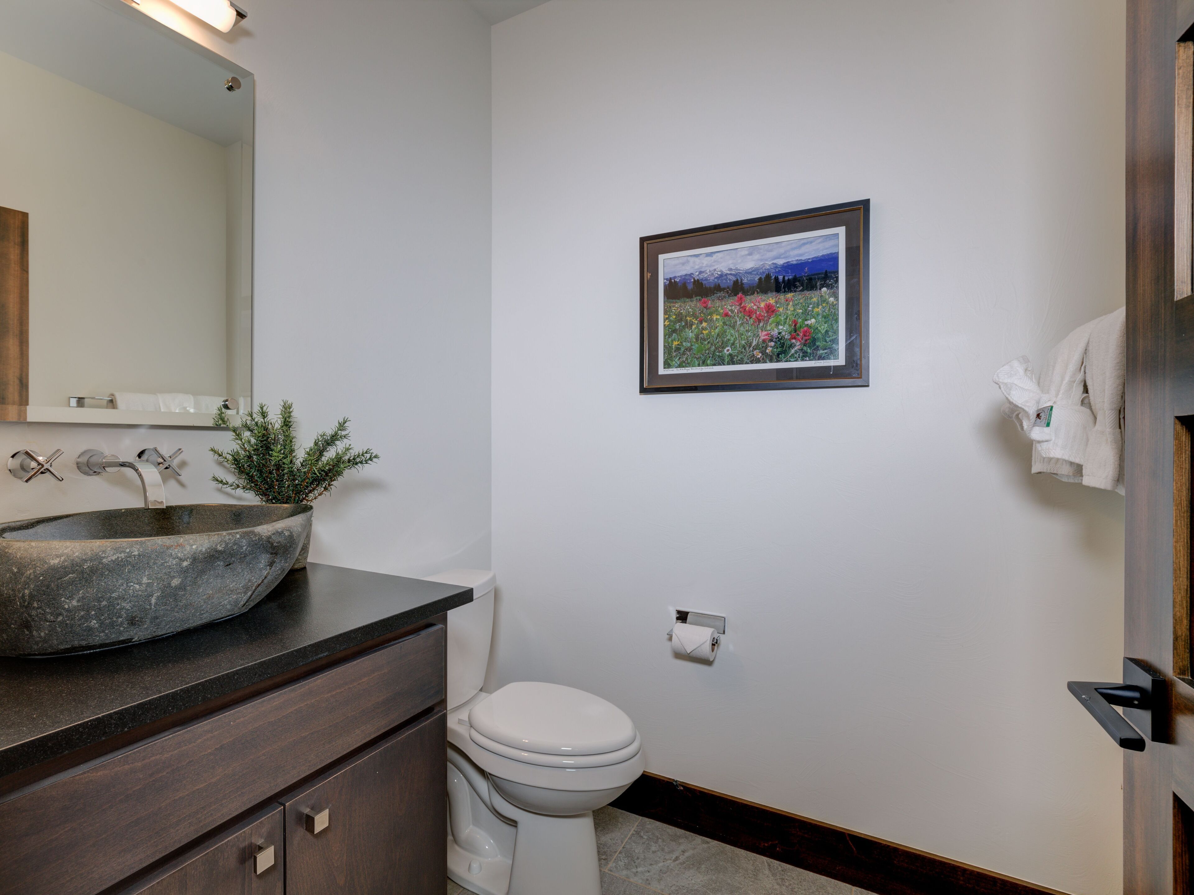 Une salle de bain avec un lavabo en pierre, des toilettes, un tableau encadré au mur et un porte-serviettes.