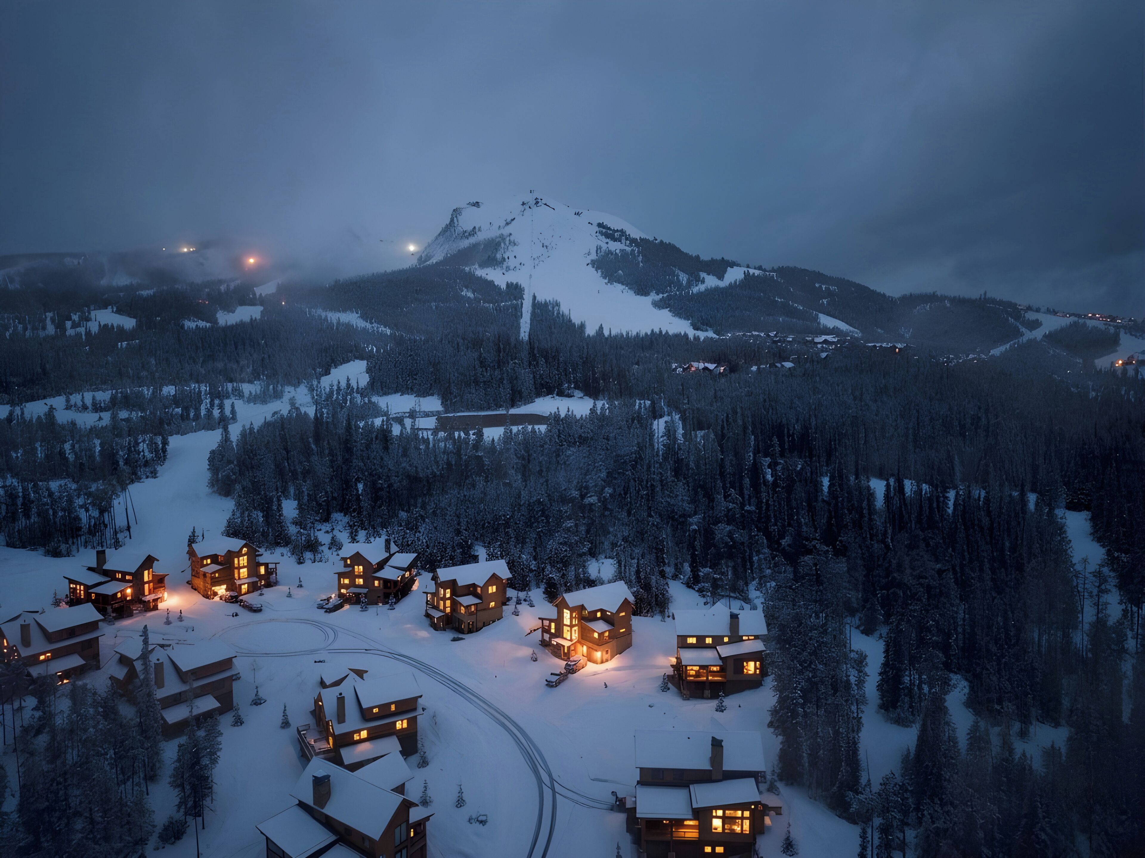A snow-covered mountain with a ski resort and several wooden cabins with lights on.