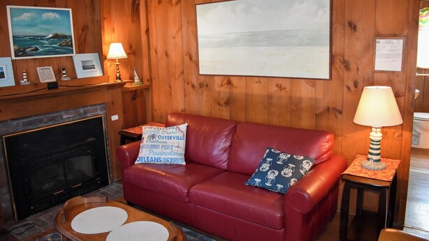 Een gezellige woonkamer met een rode leren bank, een open haard, houten wanden en ingelijste foto's.