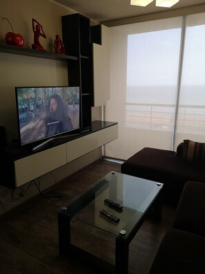 TV, DVD player, video library, stereo