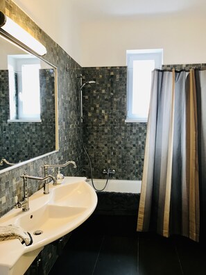 Combined shower/bathtub, hair dryer, towels, soap - Heart of Bratislava-Blue Church views-Sleeps 5-6. (Bratislava)