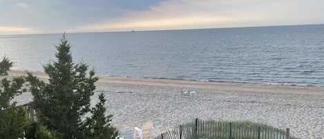 On the beach, sun-loungers, beach towels