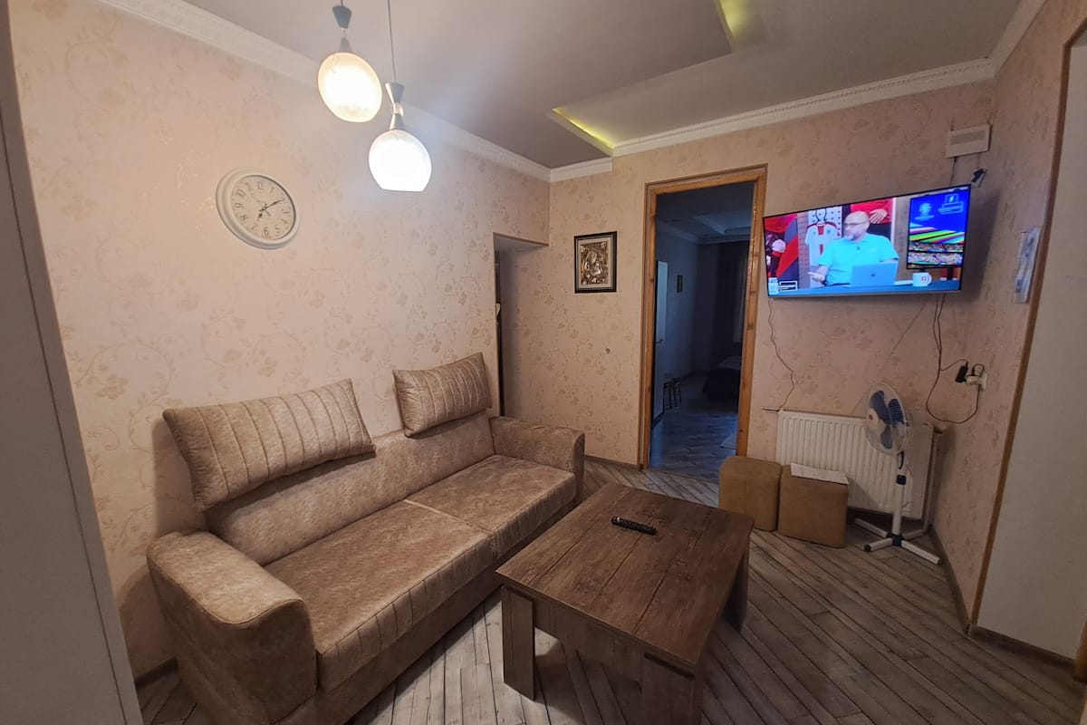 A living room with a sofa, a coffee table, a TV, and a radiator.
