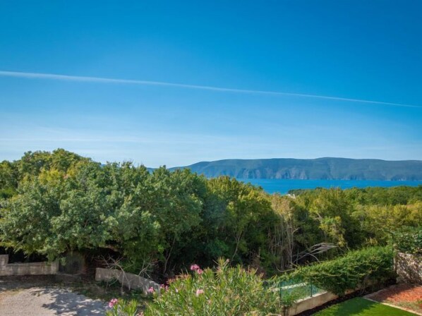 A coastal landscape with dense greenery and a view of the sea and distant hills.