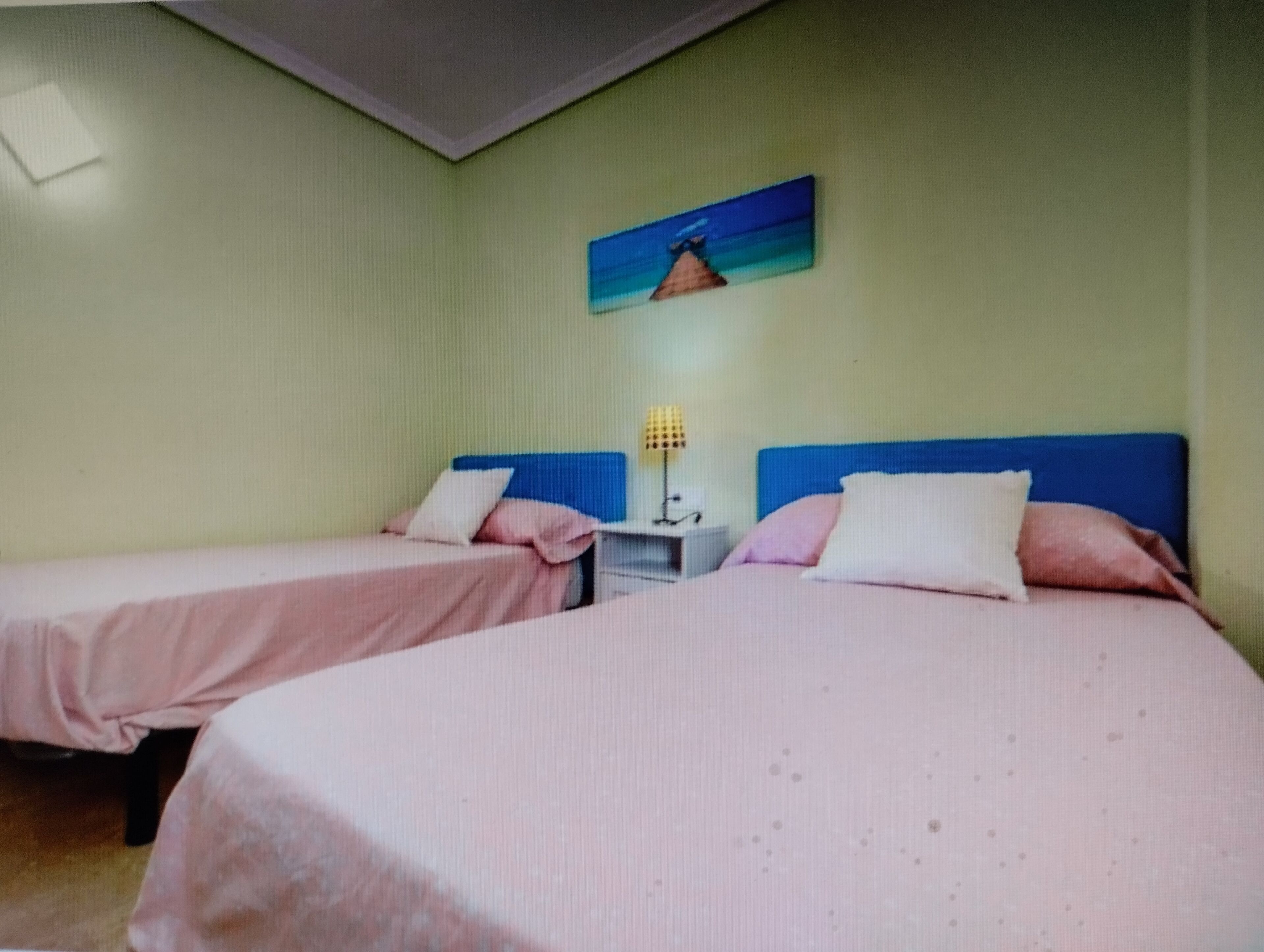 Een kamer met twee bedden, elk voorzien van een blauw hoofdeinde en roze beddengoed. Daartussen staat een nachtkastje met een lamp.
