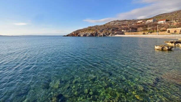 A coastal view with clear water, rocky shore, and buildings on a hillside.